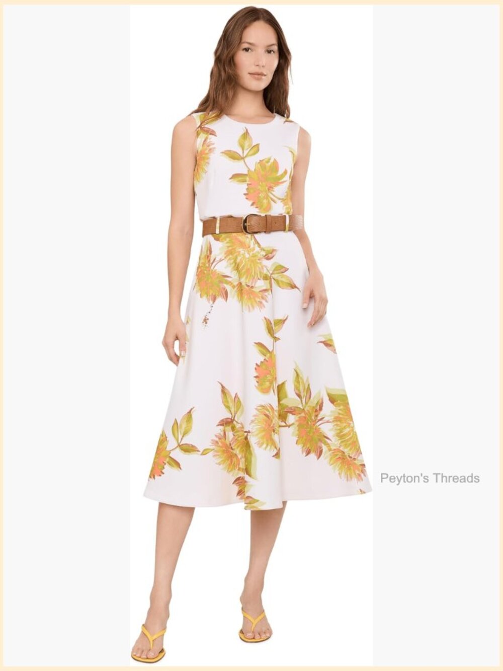 Sleeveless Belted Floral Scuba A-Line Midi Dress
